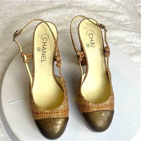 chanel beige chanel woven straw slingback platform heels|chanel pumps heels.